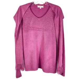 Pink V Neck Rhinestone Trim Sweater with attached Scarf